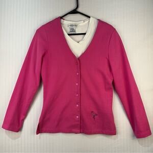 Sunday Brunch Vintage Shirt Cardigan Set Small Pink Flamingos Beaded Embroidered